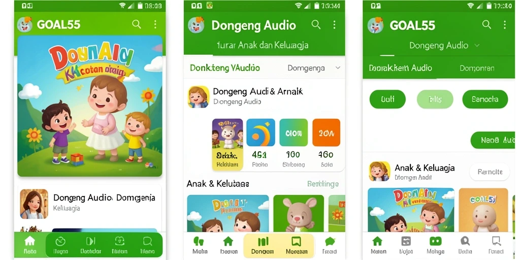 Antarmuka pengguna GOAL55 dengan berbagai pilihan dongeng audio.